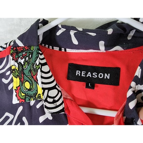 Reason Brand Button Up Hawaiian Style Shirt Size L Colorful Oriental Swan Design - Picture 2 of 8